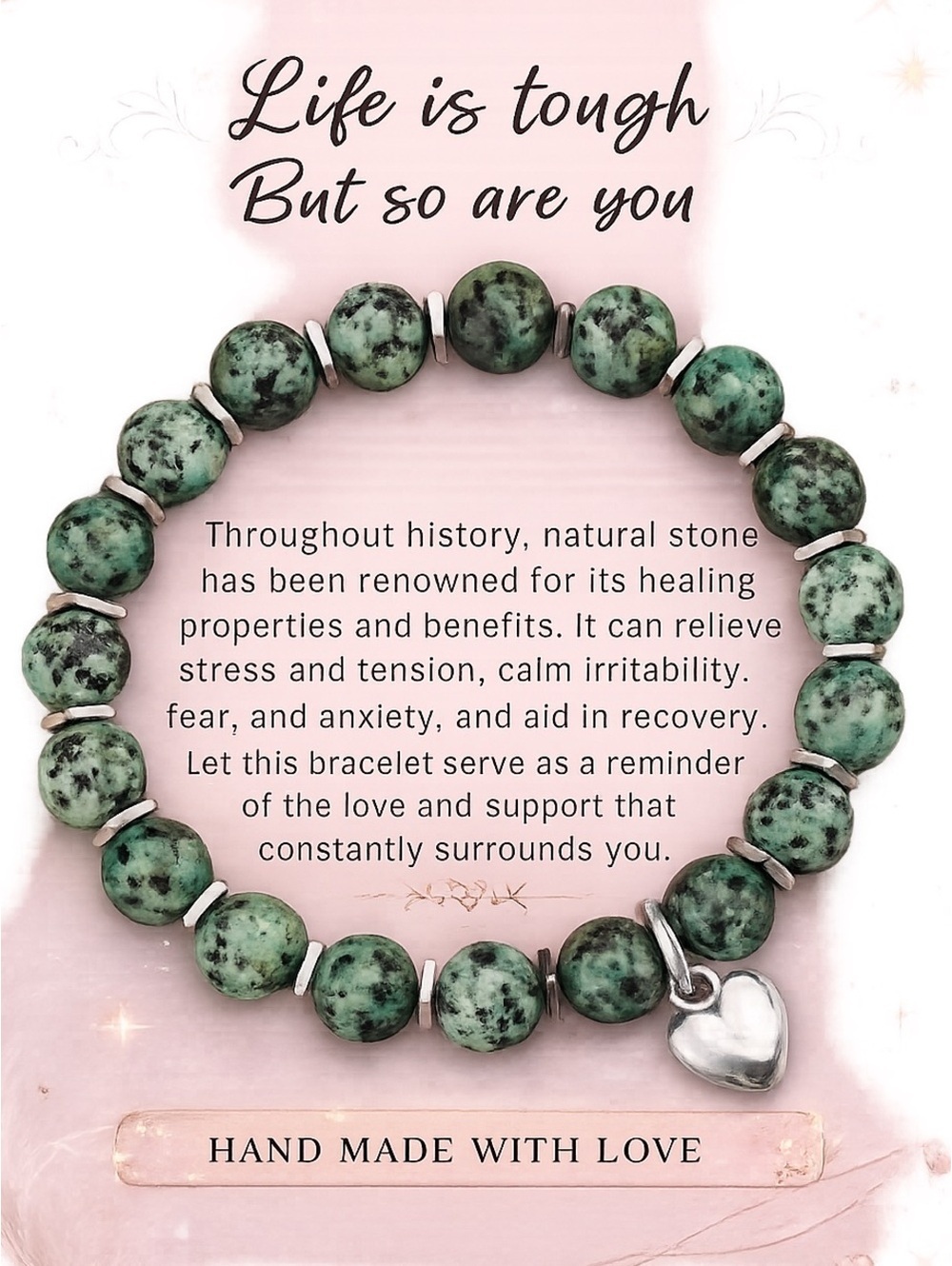 Green Natural Stone Beaded Bracelet Womens Silver Heart Charm Jewelry Gift New